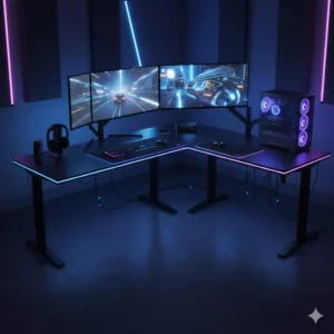 Professional gaming setup featuring black wrap around desks with RGB lighting.