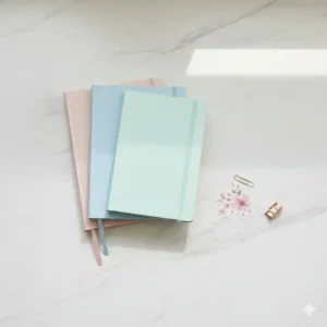 A stack of colorful pastel notebooks as part of a pretty office stationery set.