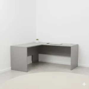A minimalist gray corner desk in an L-shaped design against a clean white wall.