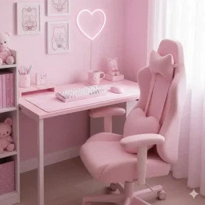 An all-pink kawaii desk aesthetic featuring a matching chair and plush accessories.