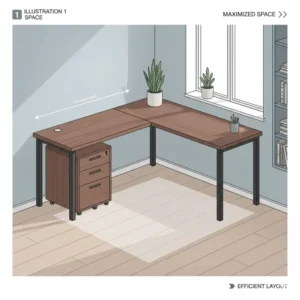 An illustration showing how to maximize room space using a compact corner desk with filing cabinet.
