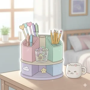 A multi-tier pastel stationery organizer used as functional kawaii desk accessories for pens and clips.