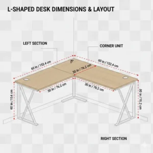 Technical drawing showing the dimensions of an l shaped light wood desk.