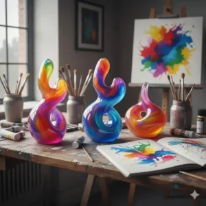 Abstract resin desk statues in vibrant colors used as decorative accents in a creative artist studio.