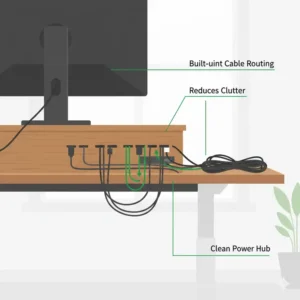 Illustration of the back view of a stand up desk organizer featuring integrated cable management routing.