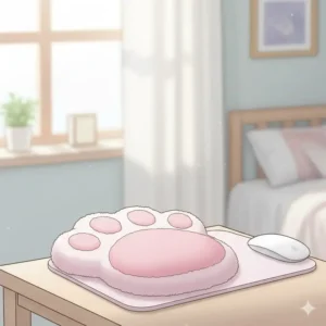 An ergonomic pink cat paw mouse pad, one of the most popular kawaii desk accessories for a cute office.