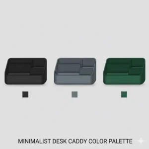 Graphic illustration showing a minimalist desk caddy available in matte black, slate gray, and forest green.