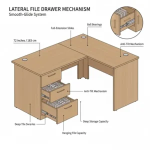 Close-up illustration of the smooth sliding mechanism on a corner desk with file drawers.
