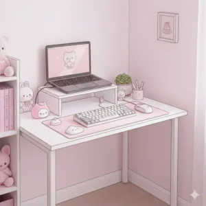 Minimalist kawaii desk decor with clean white surfaces and tiny character figurines.