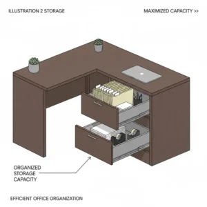Close-up view of interior drawer organization inside a corner desk with filing cabinet.