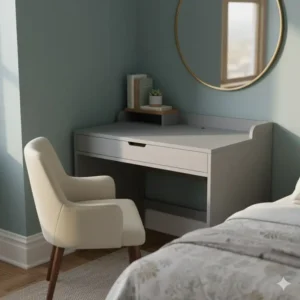 Compact gray corner desk solution perfectly fitted into a small apartment corner.