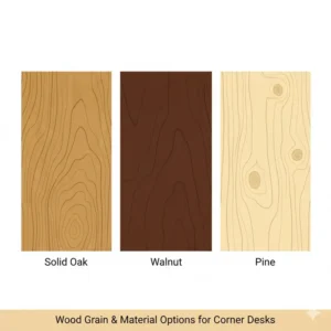Close-up illustration of the natural wood grain and finish options for a solid corner wooden desk.