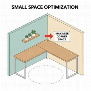 Illustration of an l shaped light wood desk placed in a small room corner.
