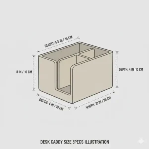 Technical illustration detailing the height, width, and depth dimensions of a compact desk caddy.