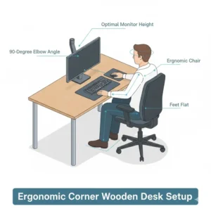 Diagram of an ergonomic workstation setup using a corner wooden desk to improve posture and comfort.