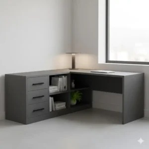 Close-up of a gray corner desk featuring built-in drawers and office storage.