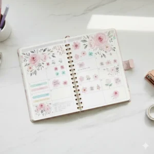 An open floral daily planner decorated with pretty office stationery stickers.