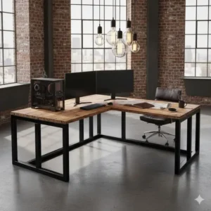 Industrial style wood and metal wrap around desks for a rustic workspace