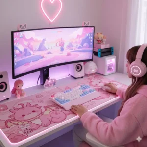 A professional kawaii desk gaming setup with cat-ear headphones and RGB lighting.