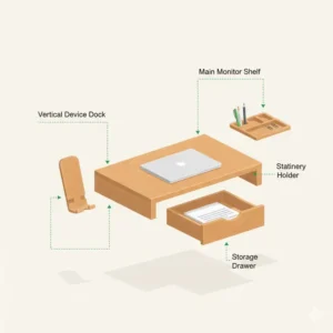 An exploded view diagram of the modular storage components of a versatile stand up desk organizer.