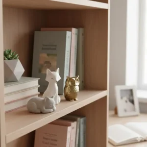 Miniature animal shaped desk statues sitting on a small desk shelf alongside organized books.