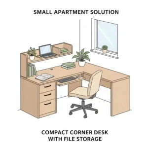 Practical interior design solution showing a compact corner desk with file drawers for small rooms.
