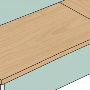 Close-up view of the natural grain on an l shaped light wood desk surface.