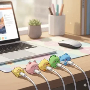 Protective animal-shaped silicone cable biters categorized as essential kawaii desk accessories for cord management
