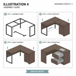 Step-by-step instructional drawing for the easy assembly of a corner desk with filing cabinet.
