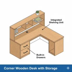 Illustration of a rustic corner wooden desk featuring built-in storage drawers and shelving for organization.