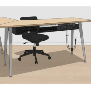 Under-desk view of ergonomic wrap around desks showing ample legroom.