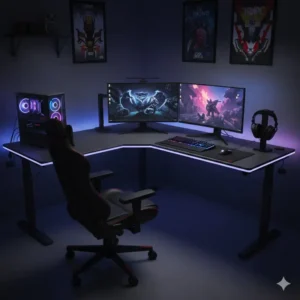 A professional gaming setup on a spacious gray corner desk with dual monitors.