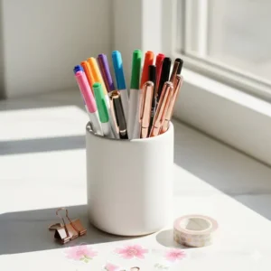 A white ceramic pen holder filled with various pieces of pretty office stationery.