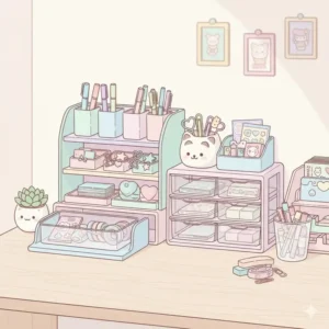 Various pastel kawaii desk organizer units for pens, stickers, and stationery.