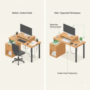 Before and after comparison of workspace productivity improved by using a stand up desk organizer.