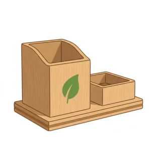 A stylized illustration of an eco-friendly bamboo desk caddy with a green leaf symbol.