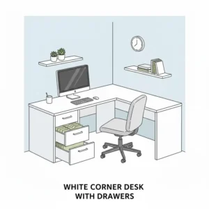 A clean and minimalist white version of a corner desk with file drawers in a studio apartment.