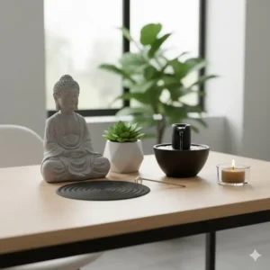 A peaceful stone Buddha desk statues paired with a small succulent plant for a calm office environment.