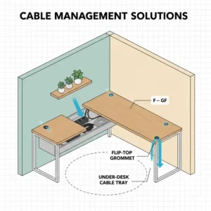 Illustration of built-in wire organizers on an l shaped light wood desk.