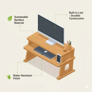 Close-up illustration of the sustainable and water-resistant wood material of the stand up desk organizer.