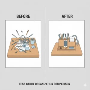 Side-by-side illustration of a cluttered workspace versus an organized desk using a central desk caddy.