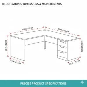 Technical drawing showing the detailed height and width measurements of this corner desk with filing cabinet.