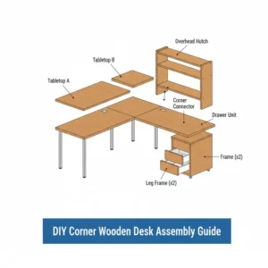 Easy-to-follow assembly illustration for a modular corner wooden desk showing frame and tabletop components.