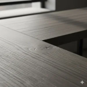 Macro view showing the high-quality wood grain texture of the gray corner desk surface.