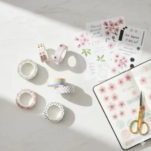 Decorative washi tape rolls and aesthetic stickers used in pretty office stationery journaling.