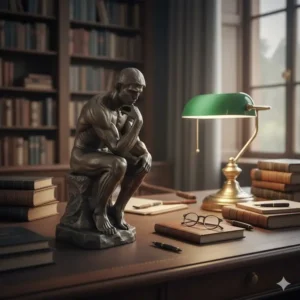 An inspirational thinker desk statues positioned on a dark wood library desk to provide motivation.