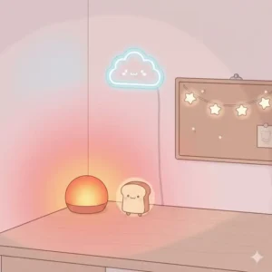 Creative kawaii desk lighting ideas featuring neon signs and warm sunset lamps.