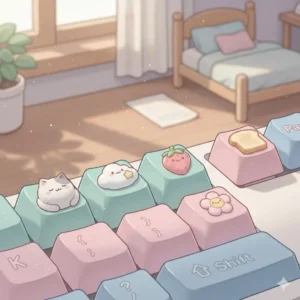 Custom pastel mechanical keycaps in pink and mint green to complement your kawaii desk accessories