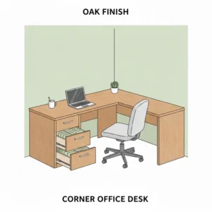 Elegant oak wood finish texture on a classic corner desk with file drawers for executive offices.