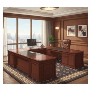 Large U-shaped executive wrap around desks in a corporate office environment.